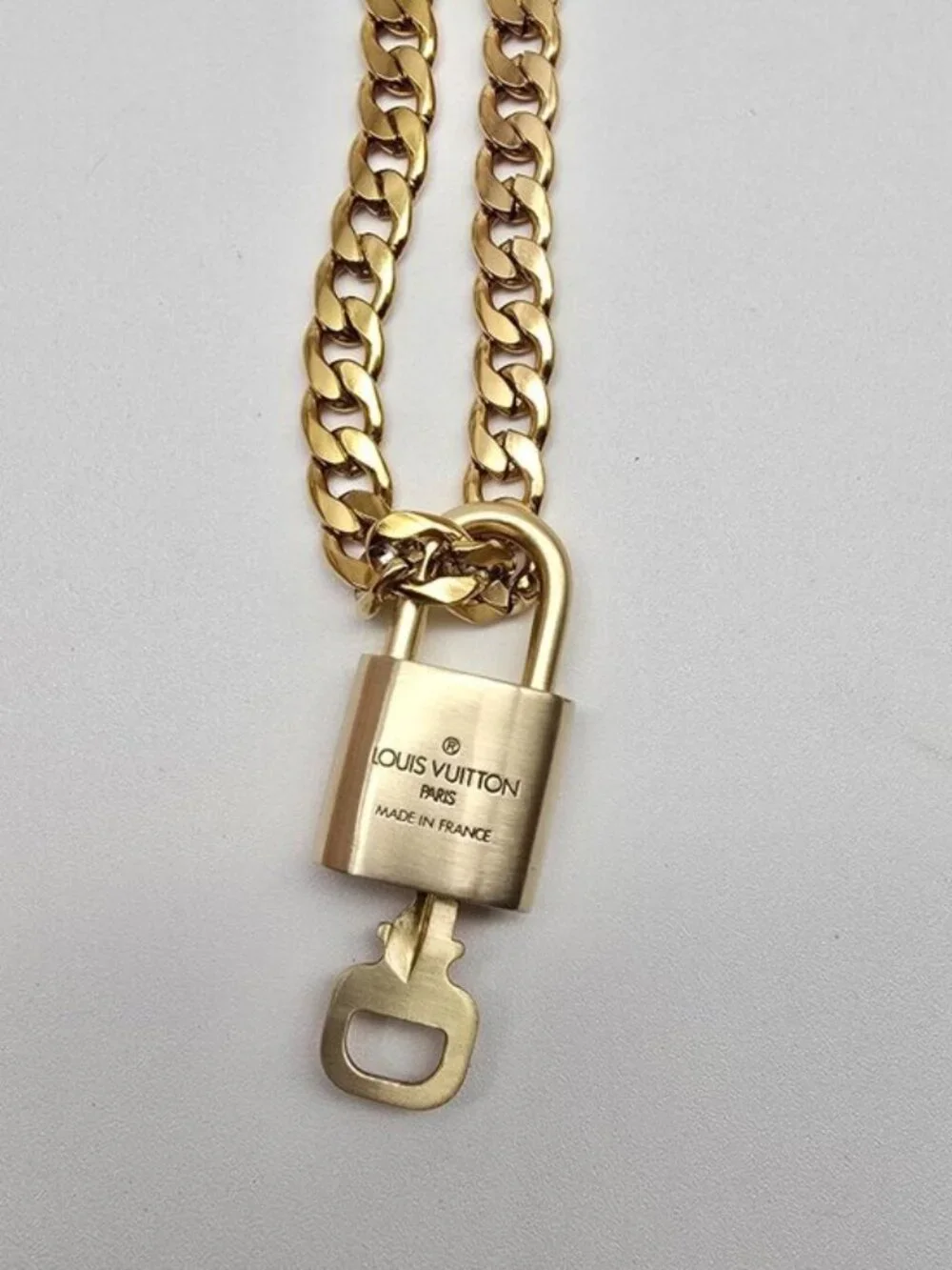 Authentic Louis Vuitgon Gold Padlock Pendant w/ Unbranded Cuban Stainless Steel